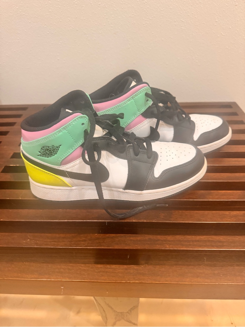 Nike Air Jordan Kids High-Top Sneakers in Black, White, Mint, Pink & Yellow
